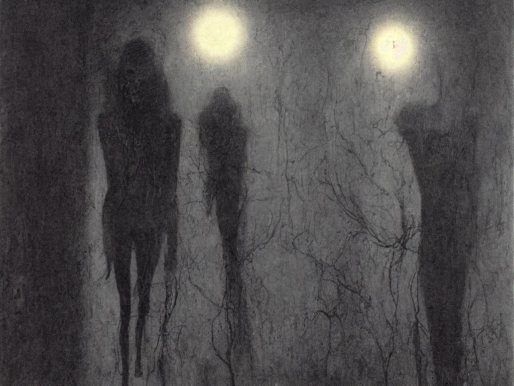 Image similar to a young slender man with a long red hair experiencing a nightmarish psychosis in a dark alley, full moon lighting, Painting by Beksinski, Max Ernst, Eric Lacombe, Eugene Berman