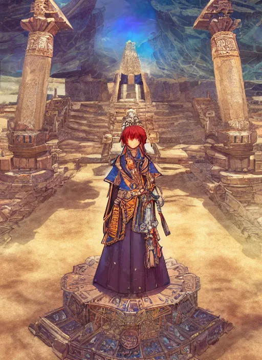 Prompt: portrait of the sapphire herald at a desert temple, hidari, color page, tankoban, 4K, tone mapping, Akihiko Yoshida.