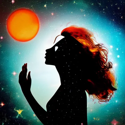 Image similar to a silhouette of a long haired woman, outer space, hearts, album art,