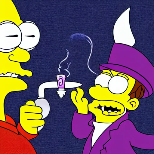 Prompt: waluigi smoking crack out of a light bulb with danny devito, but danny devito is a simpsons character, concept art, 4 k,