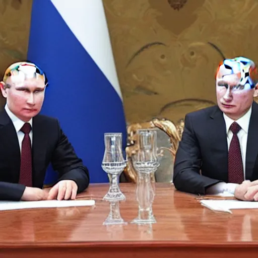 Image similar to putin teams up with a teenage putin, perfect faces