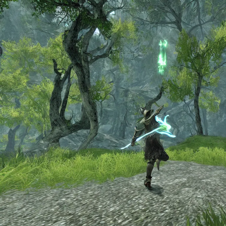 Image similar to a funky wizard dancing in a green glade, skyrim pc screenshot