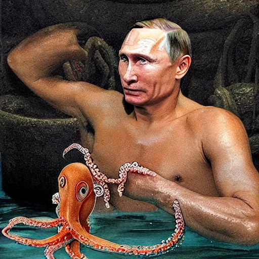 Image similar to vladimir putin, with octopus tentacles sitting in an old roman bathhouse