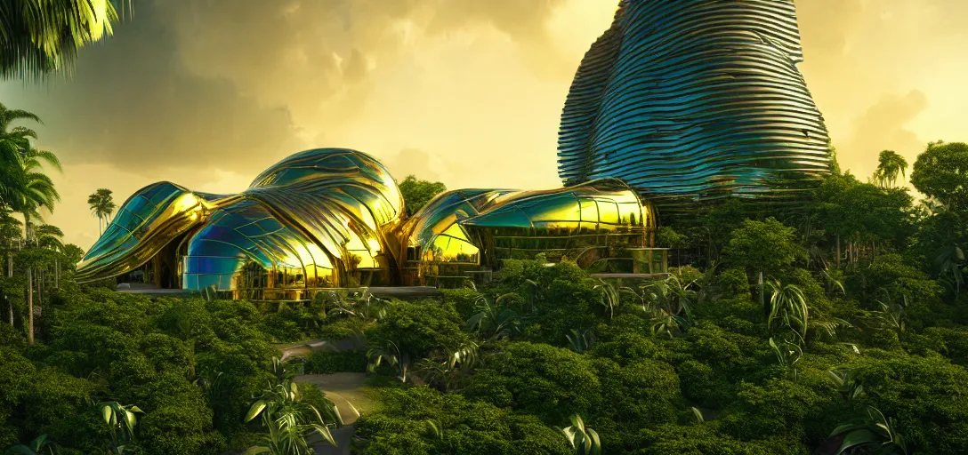 Prompt: futuristic shinny golden iridiscent mirror building in an jungle landscape of a biopunk city by frank gehry and zaha hadid, movie poster, golden ratio, evening lighting, film still, realistic, octane render redshift arnold materials unreal engine, 8 k post production, hyper detailed