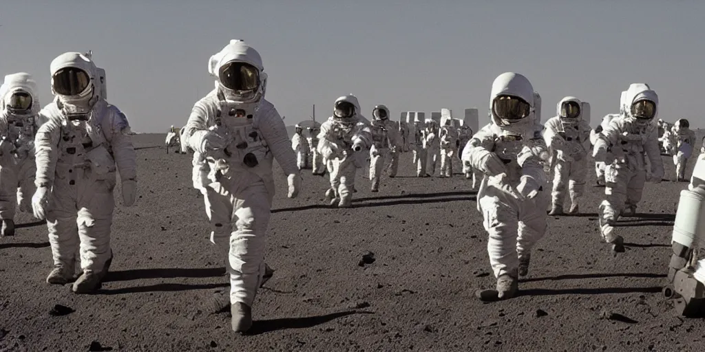 Prompt: color film still, android soldiers marching in the lunar base ; moon ( 2 0 0 9 )