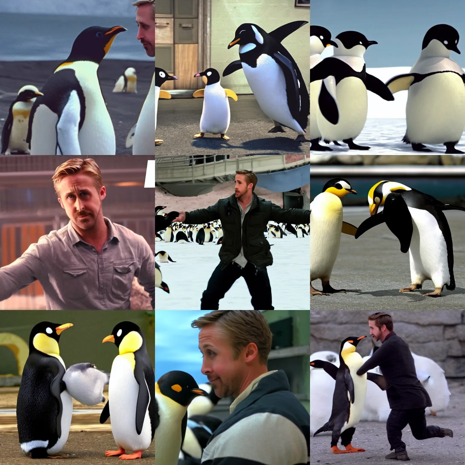 Prompt: Ryan gosling fighting penguins from madagascar HD