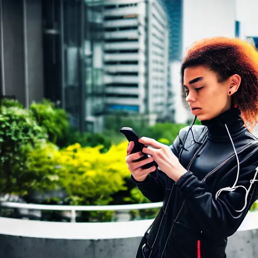 Image similar to candid photographic portrait of a poor techwear mixed young woman using a phone inside a dystopian city, closeup, beautiful garden terraces in the background, sigma 85mm f/1.4, 4k, depth of field, high resolution, 4k, 8k, hd, full color