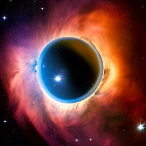 Image similar to picture of a black hole taken from an orbiting planet, star nebula, gravity lens. 4K