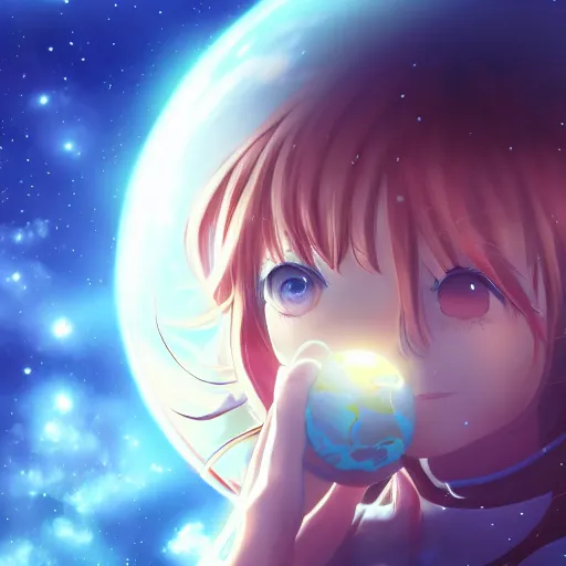 Prompt: An anime girl floating in space holding and terraforming a planet on her hands, wide-shot, high detail, 4k, digital art, artstation, 8k, very detailed