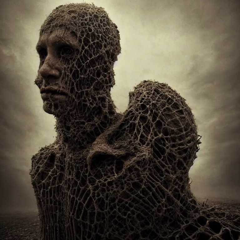 Image similar to ribbed abandoned face portrait, baroque painting, standing in a desolate empty wasteland, creepy, nightmare, dream-like heavy atmosphere, surreal abandoned buildings, beautiful detailed intricate insanely detailed octane render trending on Artstation, 8K artistic photography, photorealistic, chiaroscuro, Raphael, Caravaggio, Beksinski, Giger