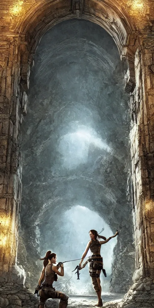 Image similar to portrait of amazed Lara Croft entering the large Minas Tirith gate, sun beams, intricate, elegant, highly detailed, centered, digital painting, artstation, concept art, smooth, sharp focus, illustration, Allan Lee, John Howe