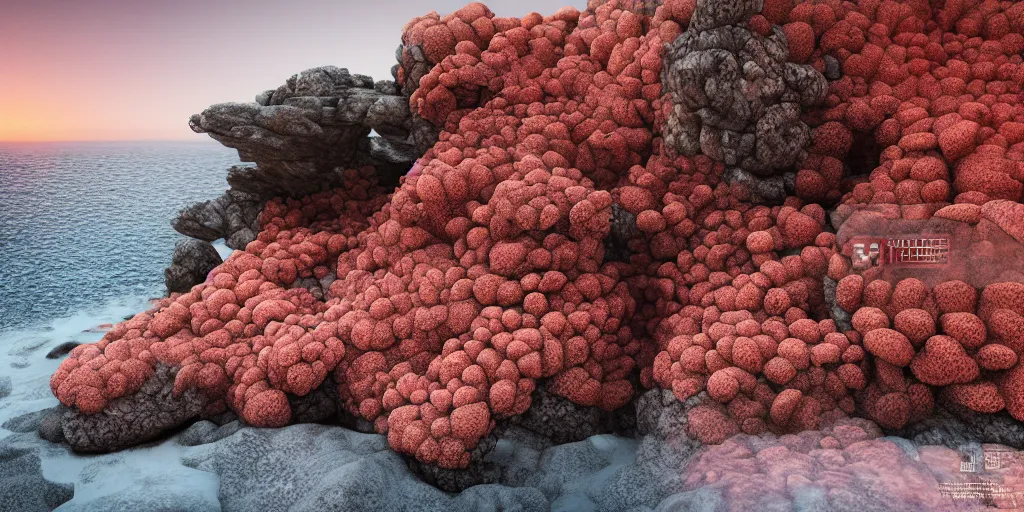 Prompt: hyper realistic, the house made of coral on a rocky seaside architecture, Hyper realistic, organic architecture, Future design, architecture design, environment, sunsett, foggy, Cinematography, mega scans,cinematic, a hybrid tech design, hyper realistic,photo real, cinematic composition, highly detailed, extremely realistic, Vray, corona render, 8K - H 1024