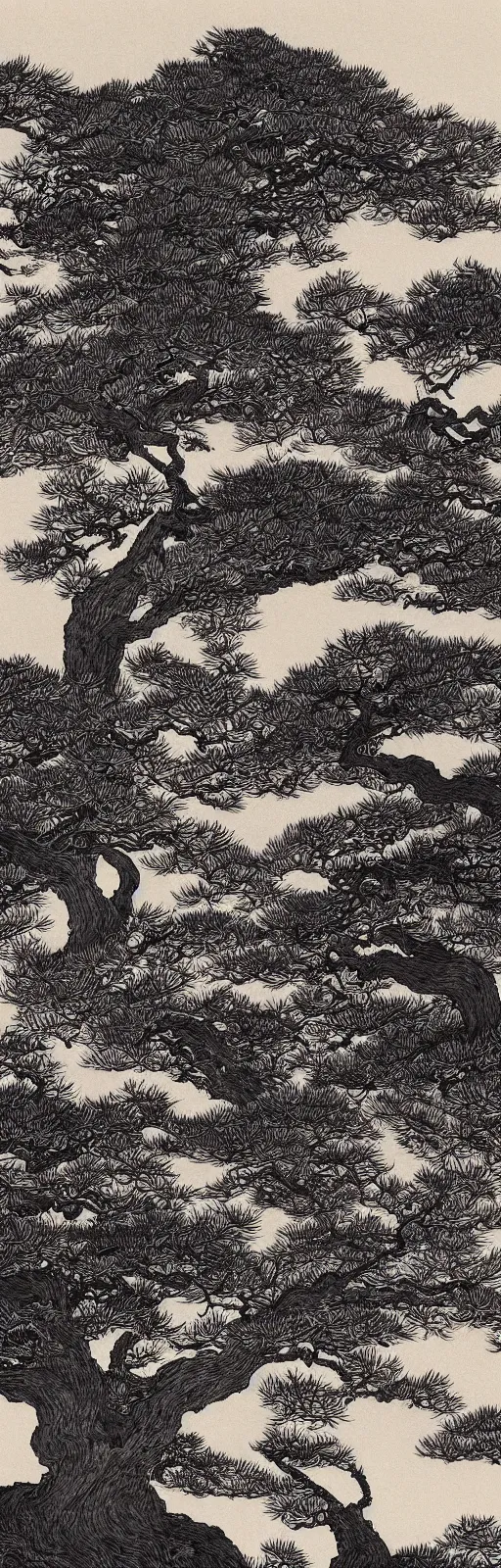 Image similar to Masterful sumi-e ink on Xuan paper by Hayao Miyazaki and Ohara Koson, interpretation of A beautiful landscape photography of Zhangjiajie mountains, an intricate tree in the foreground, sunset, dramatic lighting by Anselm Adams and Albrecht Durer, chiaroscuro, shadow and light,