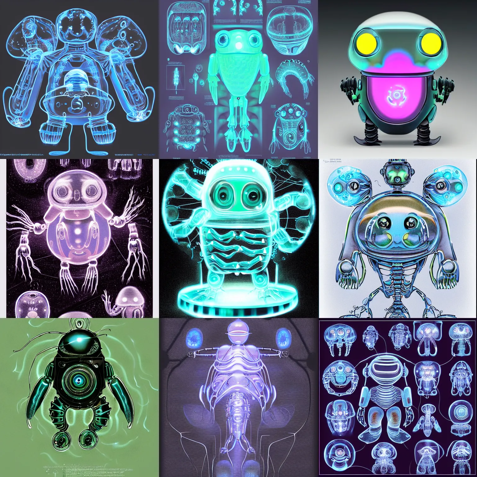 Prompt: cute! tron, cute baby robot jelly fish, ghost shrimp robot, biomechanical xray, deepsea, irobot, glowing from inside, gears, transistors, wrinkled, by Wayne Barlowe, Barreleye fish, translucent SSS, rimlight, dancing, fighting, bioluminescent screaming pictoplasma characterdesign toydesign toy monster creature, zbrush, octane, hardsurface modelling, artstation, cg society, by greg rutkowksi, by Eddie Mendoza, by Peter mohrbacher, by tooth wu, cyberpunk