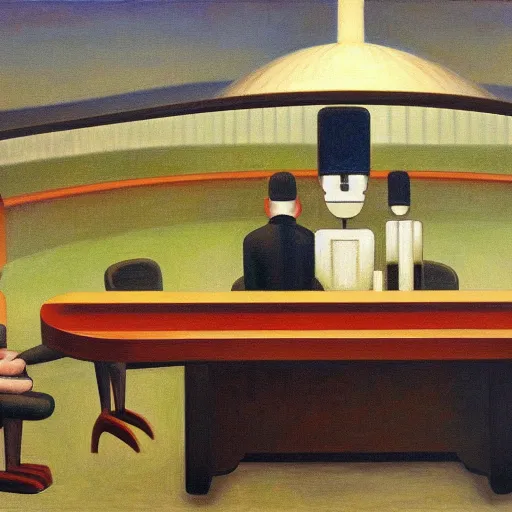 Image similar to a meeting of the robotic leaders in the capital dome, ( ( ( grant wood ) ) ), pj crook, ( ( ( edward hopper ) ) ), oil on canvas