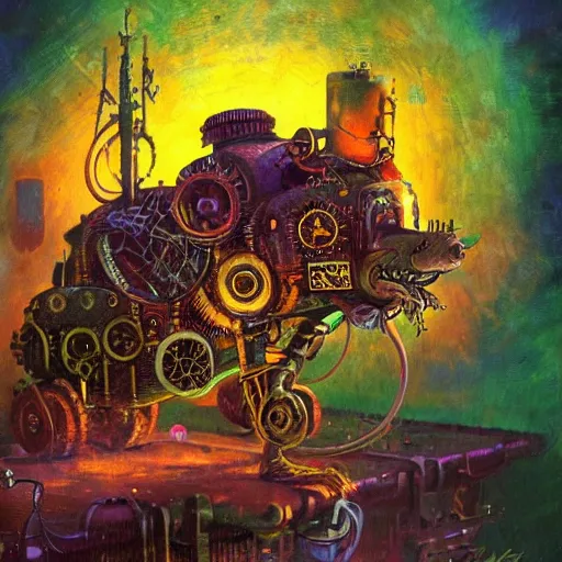 Image similar to steampunk rat, acid, 303, psychedelic, by paul lehr