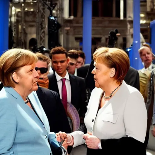 Image similar to Angela Merkel having rap battle with Eminem