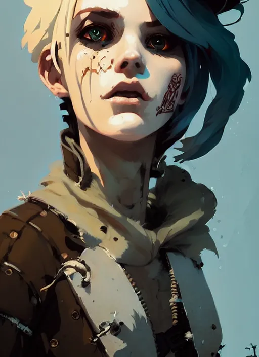 Image similar to highly detailed closeup portrait of a sewer punk rogue lady, tartan vestments, blonde hair by atey ghailan, by greg rutkowski, by greg tocchini, by james gilleard, by joe fenton, by kaethe butcher, gradient, blue, black, brown and cream color scheme, grunge aesthetic!!! white graffiti tag wall background