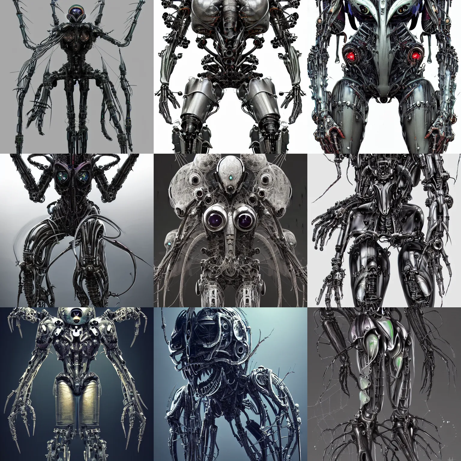 Prompt: gothic mecha spider perfect symmetrical body, helmet on face, full body shot, alien, plant predator, guyver, giger, wires, tubes, veins, jellyfish, white biomechanical details, wearing epic bionic cyborg implants, masterpiece, intricate, biopunk, vogue, highly detailed, artstation, concept art