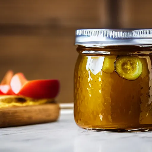 Image similar to a jar of honey with pickles inside, food photography, product image, honey pickles