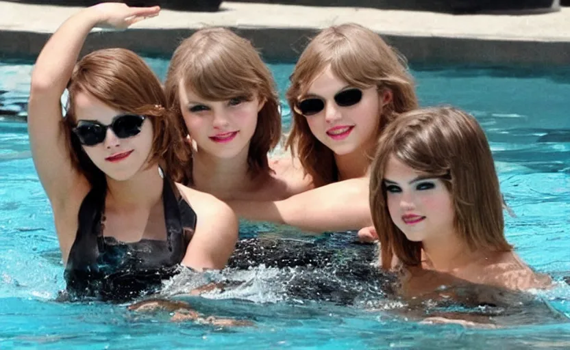 Image similar to emma watson and taylor swift and selena gomez swim together. perfect faces.