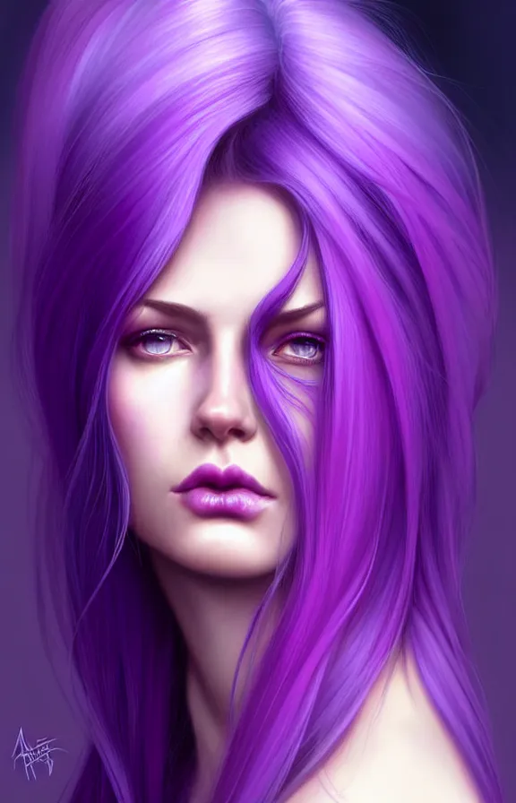 Image similar to Purple hair relistic Portrait of a woman with bright colored flying hair, all shades of purple. Hair coloring, long hair, blue eyes, fantasy, intricate, elegant, highly detailed, digital painting, artstation, concept art, smooth, sharp focus, illustration, art by artgerm and greg rutkowski and alphonse mucha