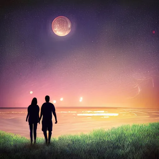 Image similar to Romantic couple, holding hands, view from behind, staring at a night sky, high definition digital art,