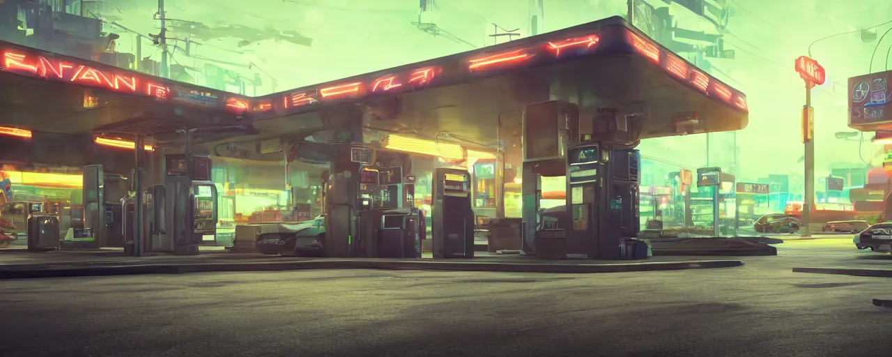 Image similar to a scene from the matrix that takes place in a gas station in the night time, vaporwave aesthetic, neon signs, superliminal 8 k uhd, unreal engine, octane render in the artstyle of finnian macmanus, john park and greg rutkowski