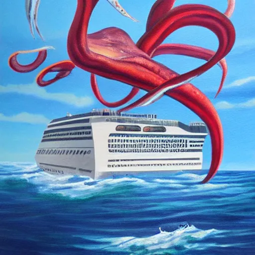 Image similar to A giant squid destroying a cruise ship in the middle of the ocean, oil painting