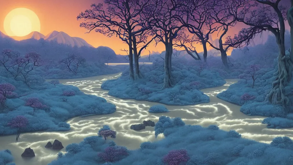 Prompt: digital painting of a lush river valley by gerald brom. blue river. cold icy winter day. sunset. chiho aoshima. digital render. detailed. beautiful landscape.