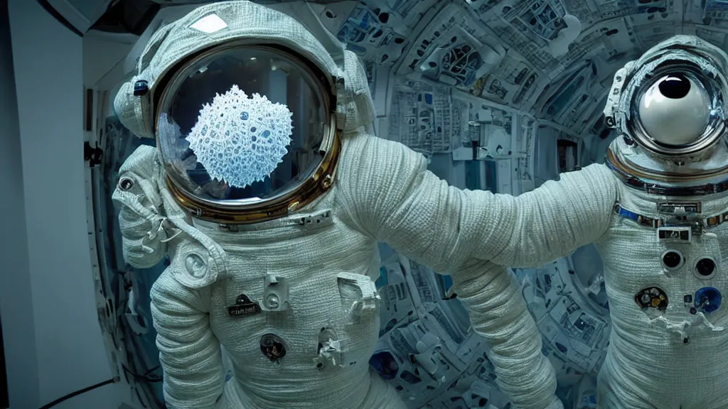 Image similar to a single astronaut eva suit interwoven with diamond 3d fractal lace iridescent bubble 3d skin and covered with insectoid compound eye camera lenses floats through the living room, film still from the movie directed by Denis Villeneuve with art direction by Salvador Dalí, wide lens,