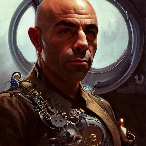 Image similar to joe rogan as a cyborg, portrait, western, steampunk, duster, fantasy, intricate, elegant, highly detailed, digital painting, artstation, concept art, sharp focus, illustration, art by artgerm and greg rutkowski and alphonse mucha