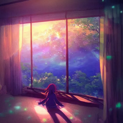 Image similar to a heavenly dream view from the interior of my cozy dream world filled with color from a Makoto Shinkai oil on canvas inspired pixiv dreamy scenery art majestic fantasy scenery fantasy pixiv scenery art inspired by magical fantasy exterior illumination of awe and wonderful magical lantern world