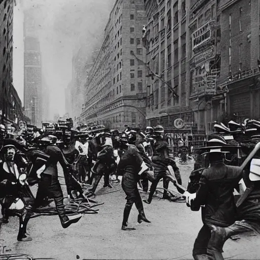 Image similar to old black and white photo, 1 9 1 3, depicting terminators rampaging through the bustling streets of new york city, historical record