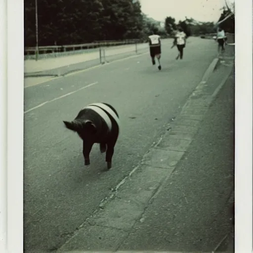 Image similar to a pig running a maraton, polaroid photograph