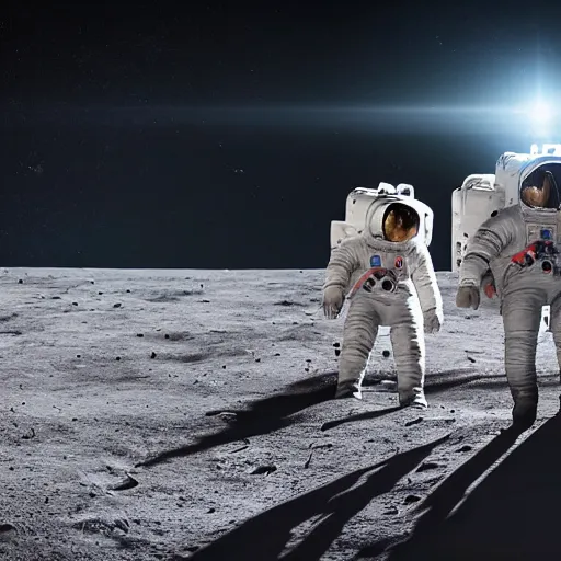 Prompt: astronauts standing on the moon with a spaceship, photorealistic, ultra-detailed, 4k high resolution, HDR shot, cinematic lighting