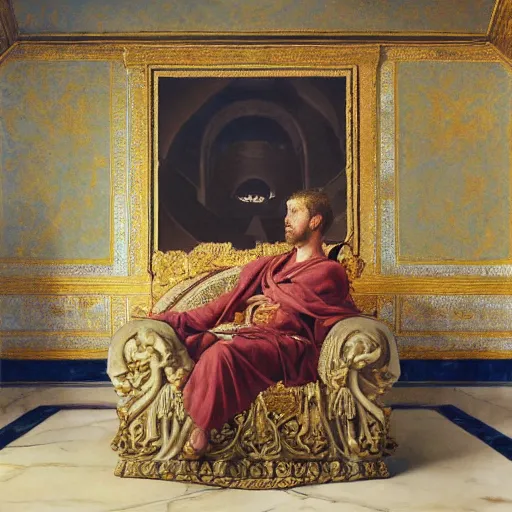 Prompt: Realistic painting of a roman emperor sitting on his throne in his palace dramatic lighting, high-detailed oil painting by Ilya Repin, William Blake, Michelangelo da Caravaggio, Alex Grey and Beksinski, masterpiece, 4k