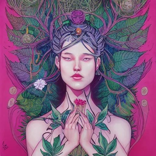 Image similar to goddess of plant medicine art by james jean and art by loish highly detailed painting trending on arstation vivid colors earth spirit