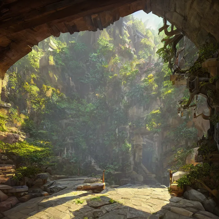 Image similar to secret overwatch hallway for living quarters carved inside a mountain surrounding a lush garden, trimmed, magical, natural light, clean lines, cozy, fantasy, minimalist architecture, sharp focus, concept art, by greg rutkowski and craig mullins,, octane render 8 k