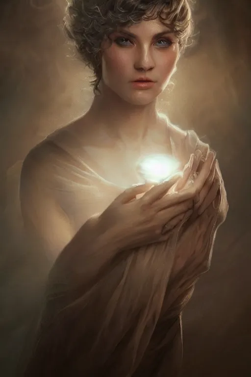Prompt: dusty wind blowing!!!, orbs of light translucent skin, dreaming of the void! cinematic volumetric lights, bust portrait, dnd, fantasy, intricate, elegant, highly detailed, digital painting, artstation, concept art, smooth, sharp focus, illustration, art by artgerm and tom bagshaw and greg rutkowski and alphonse mucha