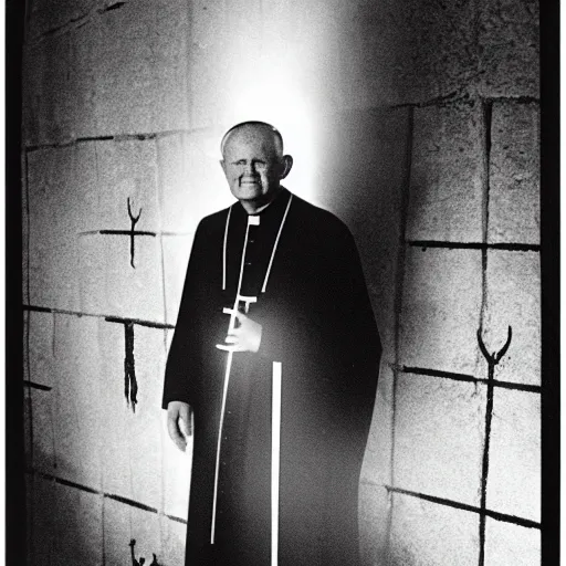 Image similar to award - winning photograph of john paul ii standing in the entrance to a small burning church building, at night, pitch black, christian cross