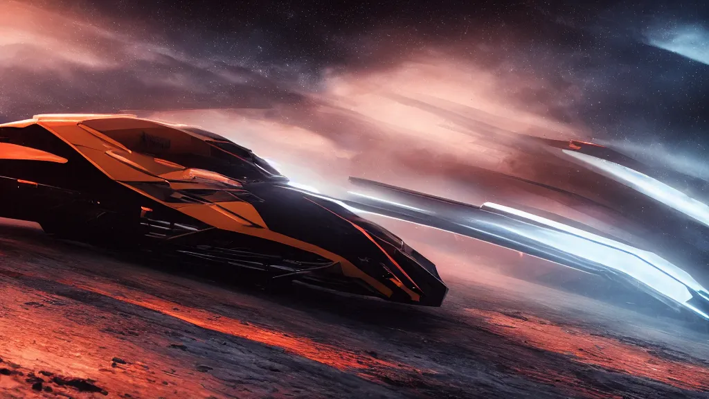 Prompt: a photorealistic dramatic hyperrealistic full frame render of a sleek futuristic interstellar spacecraft, ultra realistic details, glossy white metal, orange racing stripes by nicolas bouvier sparth, vitaly bulgarov, ben mauro, ilm, beautiful dramatic dark moody tones and lighting, cinematic atmosphere, studio lighting, shadows, dark background, octane render, 8 k