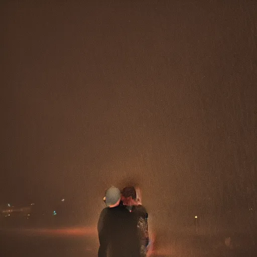 Prompt: an emotional dark picture of two shadowy figures hugging each other, it is raining heavily, 35mm, motion blur