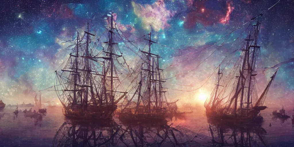 Image similar to a lone giant steampunk tall - ship made of wrought - iron sailing through nebulae, gossamer woven sails and surrounded by millions of stars, bokeh, ray tracing, hyperrealistic digital painting, colorful masterpiece by studio ghibli