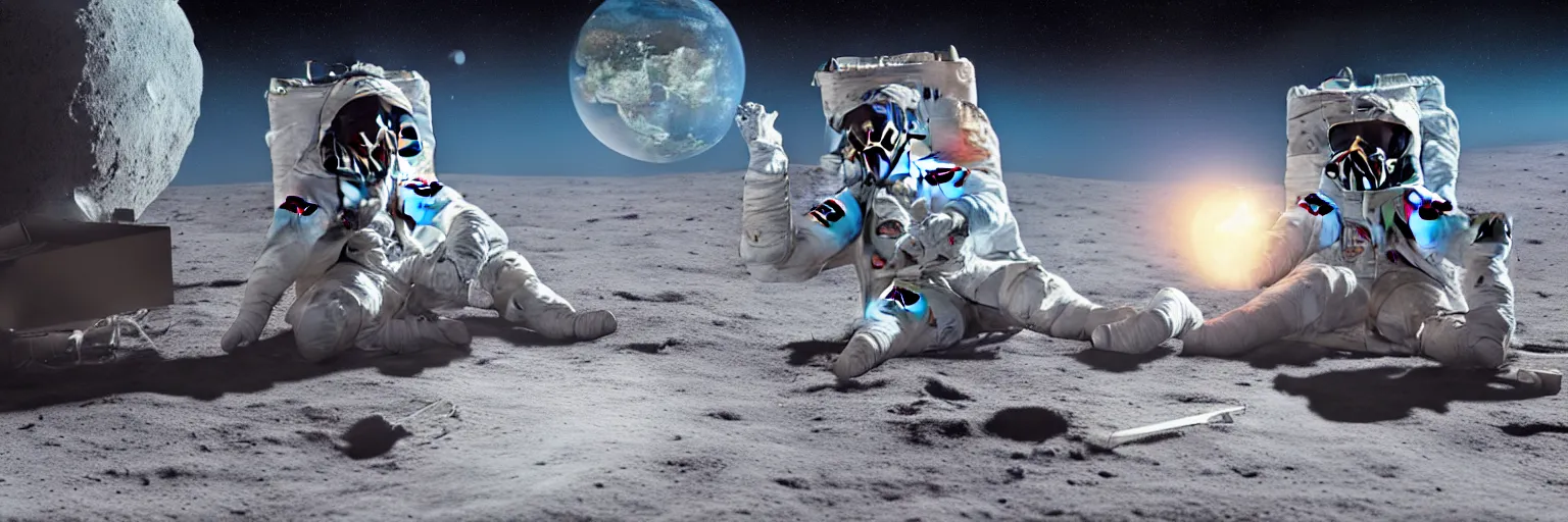 Image similar to A highly photographic render of astronaut on the Moon, sitting on a lawn chair reading a book facing planet Earth, rim lighting, cinematic lighting, octane engine, photo realistic image, 4K, super detailed, cinematic look