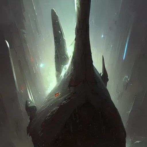 Prompt: concept art by greg rutkowski, a gigantic spear - shaped starship approaches the system, huge and megalithic, plowing through space, frightening and creepy atmosphere, scifi, digital painting, artstation, concept art, smooth, sharp foccus ilustration, artstation hq