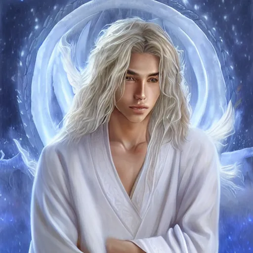 Prompt: teen boy, handsome, godly looks, long white hair, white daoist robes, digital painting, highly detailed, full body, d&d, by sophie anderson