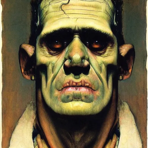 Prompt: Frontal portrait of a sad frankenstein. A portrait by Norman Rockwell.