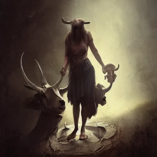 Prompt: woman with goat horns holding an animal skull, style of da vinci, horror, fantasy illustration, by greg rutkowski