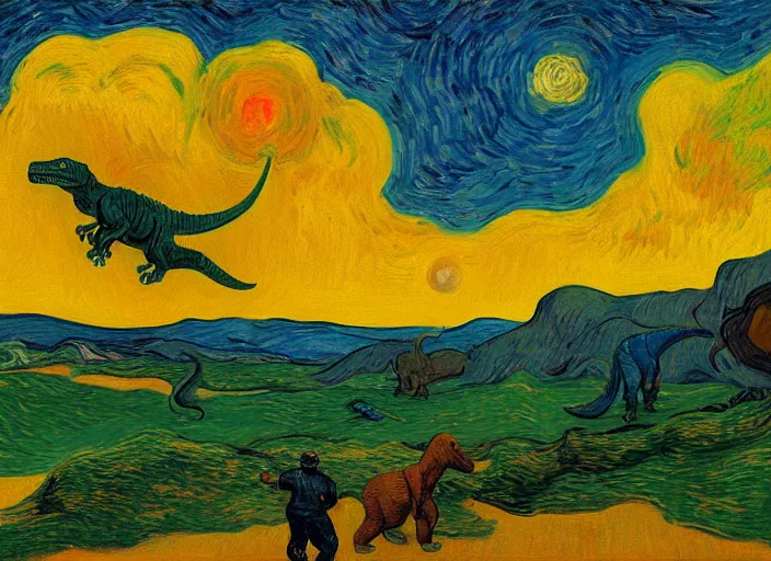 Image similar to painting of the extinction of the dinosaurs with asteroid and fire, in the style of edward hopper and vincent van gogh, dramatic lighting at dusk